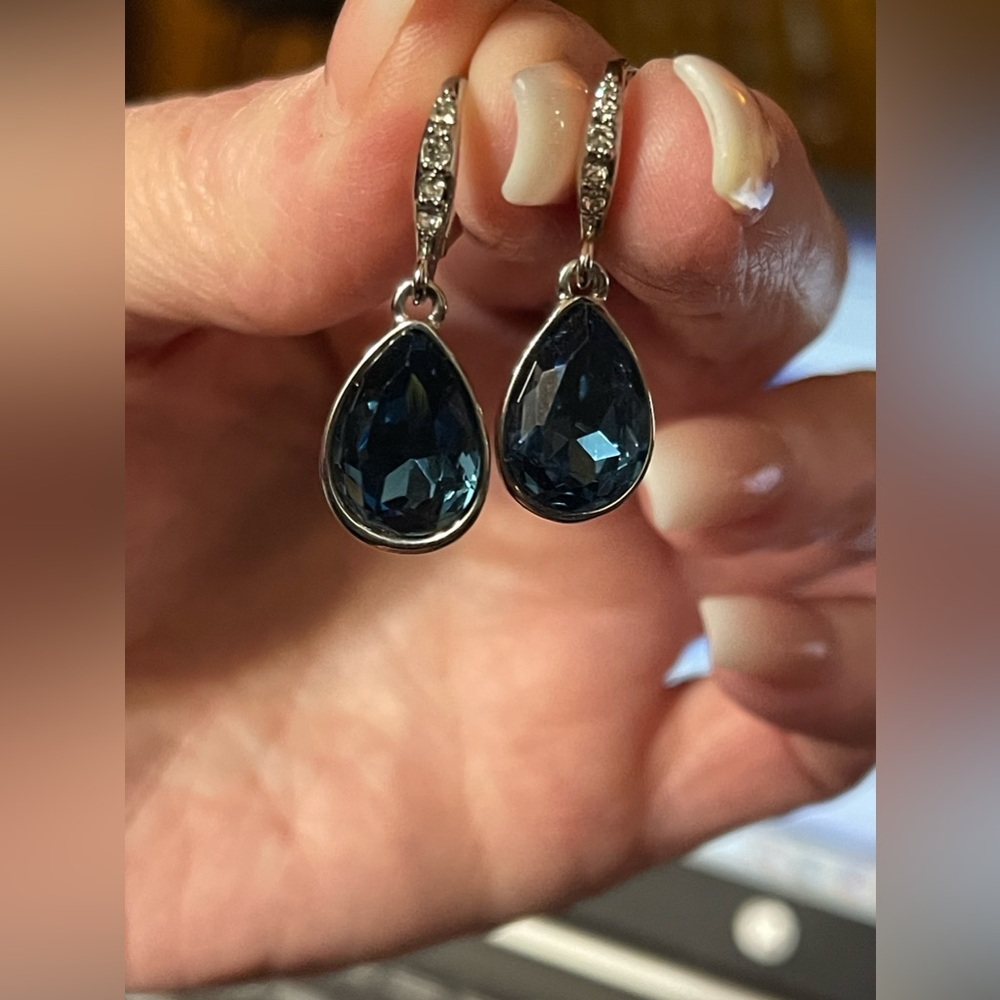 Signed Givenchy Blue Teardrop Crystal Silver Tone Lever-Back Earrings - Picture 3 of 5